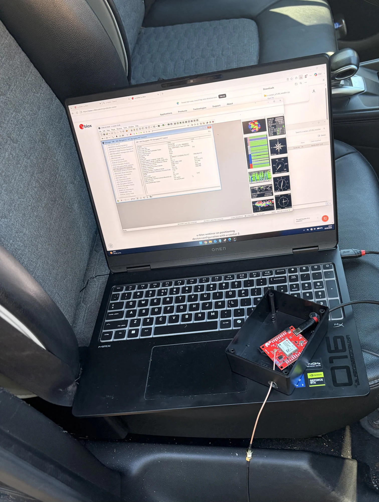 Delta Road research equipment in a vehicle: a laptop running GNSS diagnostics alongside a connected receiver board.